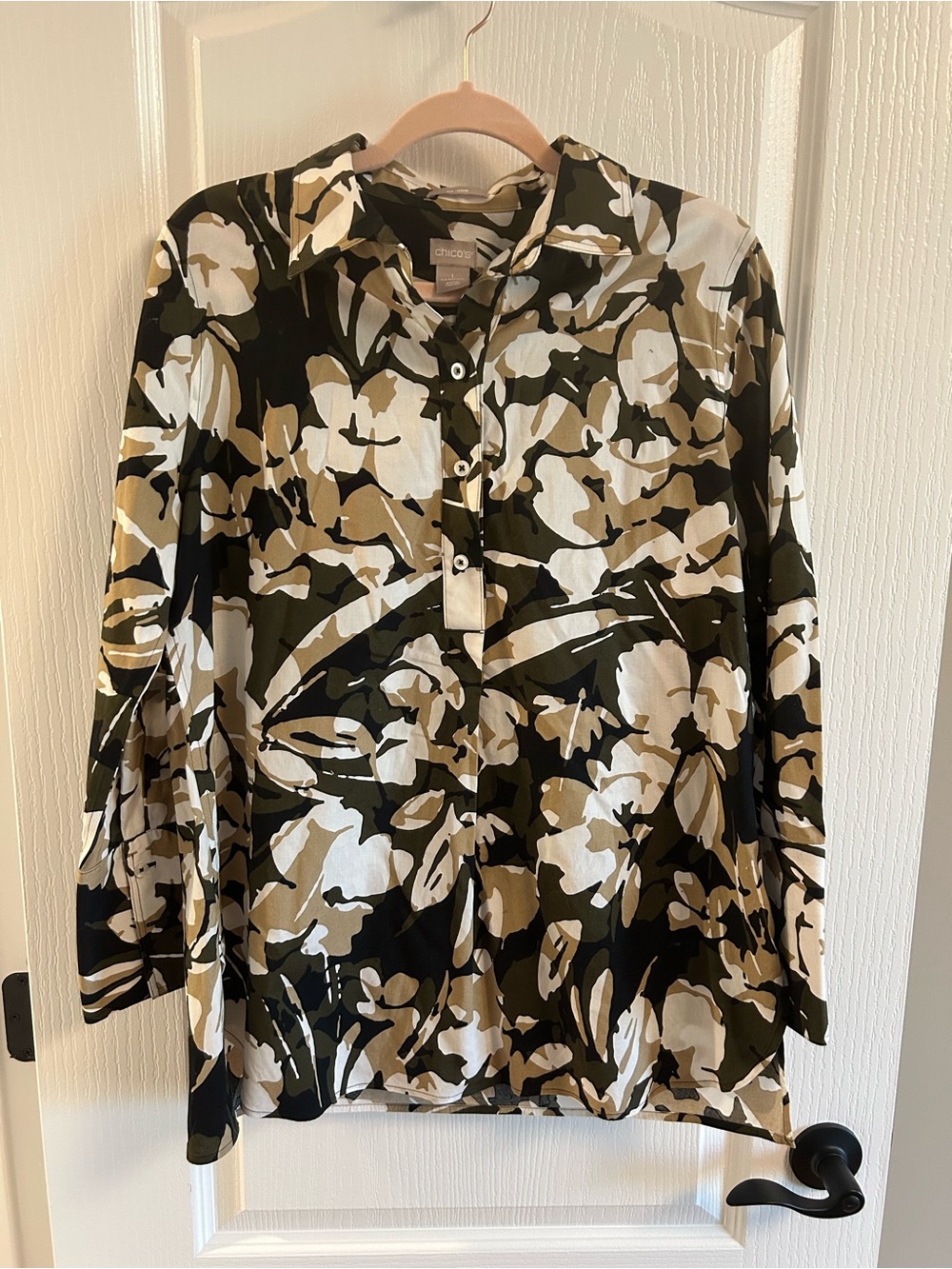 Chico's Camouflage-Print Blouse in Olive, Cream & Black